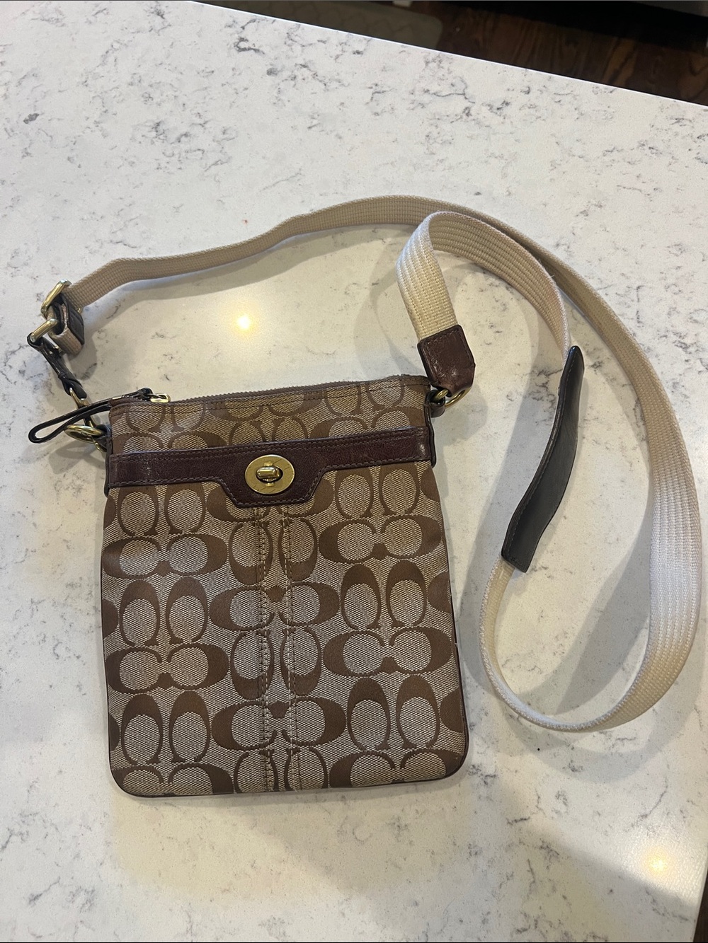 Coach Signature Mini Crossbody in Brown and Tan with Canvas Strap